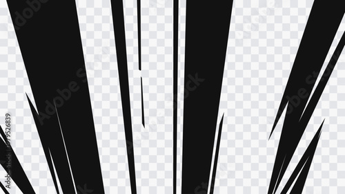Vertical speed lines with sharp irregular edges, creating a strong sense of motion and impact. High-contrast comic-style streaks ideal for action scenes, manga panels.