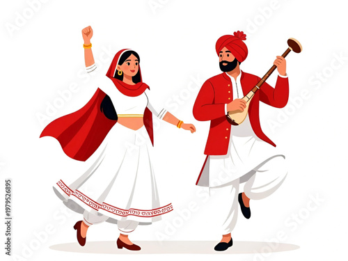 Vector illustration of a happy Punjabi couple performing traditional Bhangra and Giddha folk dance. Indian Sikh couple in traditional ethnic attire dancing Bhangra, isolated on white background. 