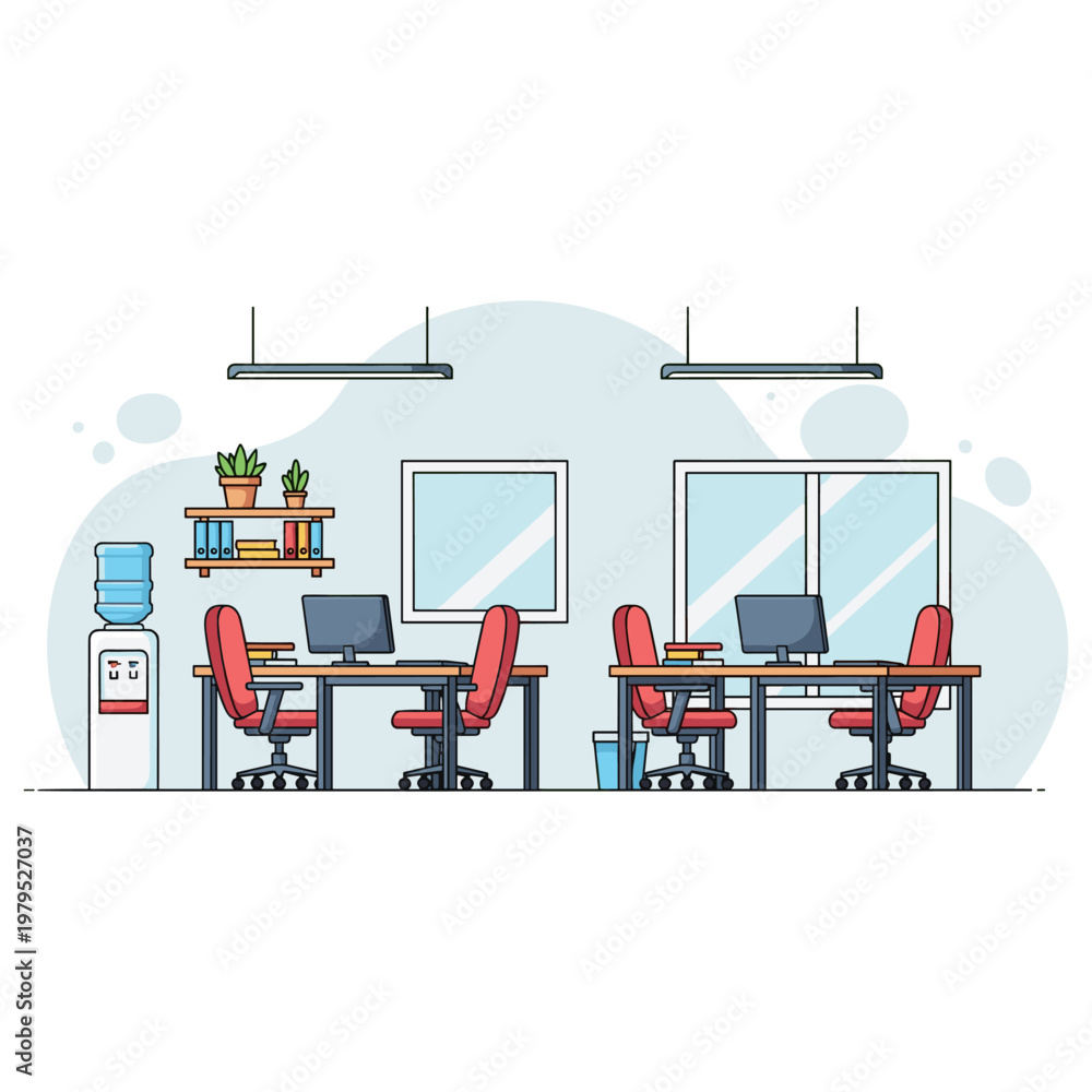 Fototapeta premium Office workspace showing empty desks and chairs in open plan. non editable strokes