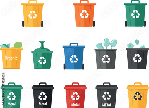 Flat Design Recycling Bins Set for Organic, Metal, Glass, and Plastic Waste Management