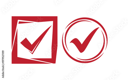 Red checkmark symbols, square and circle shapes, on white background, check mark tick mark