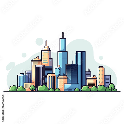 Urban skyline displaying clustered high rise buildings with greenery. non editable strokes