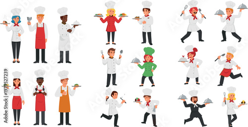 Flat Design Chef Characters Set in Uniform with Kitchen Utensils for Food, Cooking, and Restaurant Branding Designs