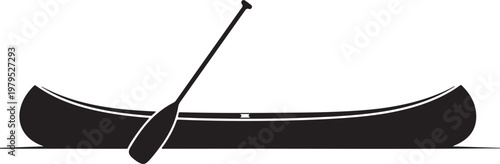 Canoe with Single Paddle Minimalist Black Silhouette on White Background