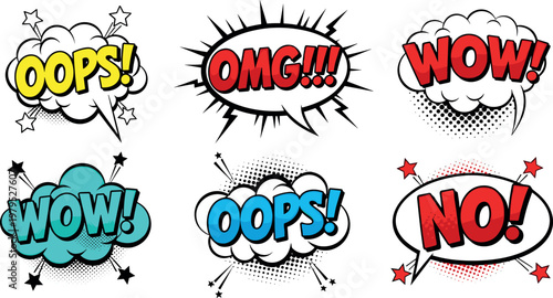 Comic Style Speech Bubbles Set with "Oops", "OMG", "Wow", and "No" for Pop Art and Graphic Design Projects