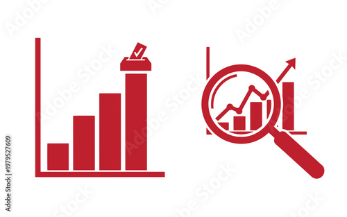 Red of bar graphs with ballot box and magnifying glass