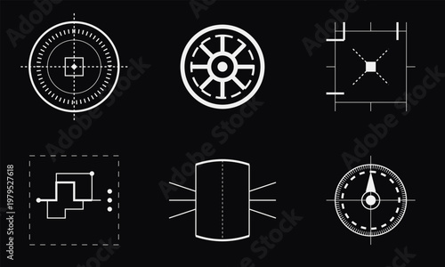 Hand-drawn white sci-fi user interface technical schematic hardware decals for futuristic head up display illustration