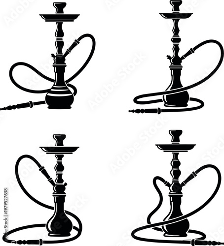 Black and White Hookah Icon Set for Smoking, Lounge, and Relaxation Designs