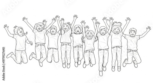 Group of happy children jumping in the air, celebrating success.