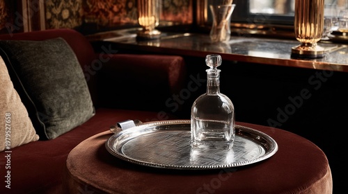 salver. A silver salver and crystal decanter on a velvet table in a banquet hall. bar promotions, beverage menus, designed for product packaging and bar promotions, inspires menu design.