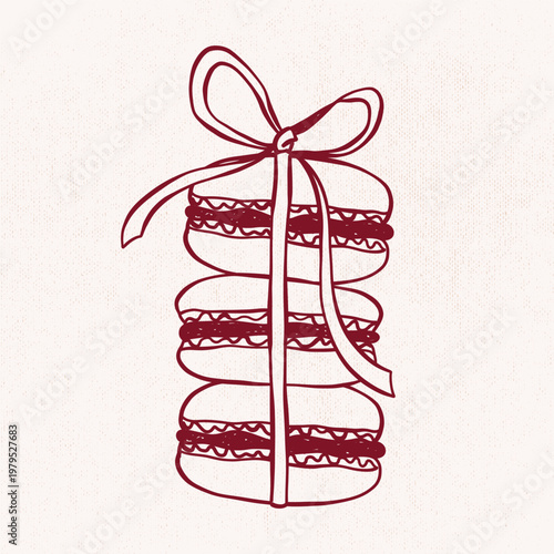 Hand drawn doodle stack of macarons tied with ribbon bow Dessert vector illustration in sketch style with texture isolated for bakery branding, packaging, cafe menus, stickers, print Sweet food design