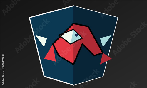 Hand-drawn geometric abstract red elephant mascot head within a blue shield emblem on a dark background authentic illustration