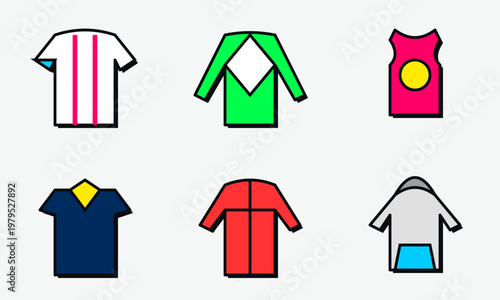 Hand-drawn colorful collection of geometric sportswear icons representing shirts jackets and athletic gear in a modern authentic illustration