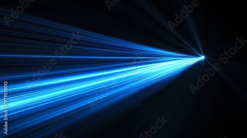 A bright blue light beam radiates from a single point in a dark background