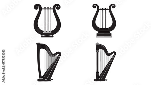 Harp icon set with black line art and white background showing four different harp silhouettes featuring lyre, music instrument, silhouette with