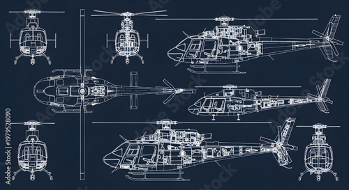Detailed helicopter Blueprint Vector—Helicopter Layout Multi-View Technical Drawing Isolated on dark blue, no text, no number, outline vector drawing