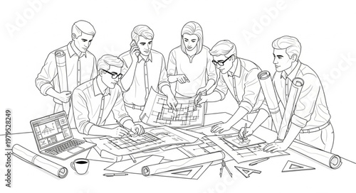 Group of Men in Historical Attire Collaborating Around a Table.