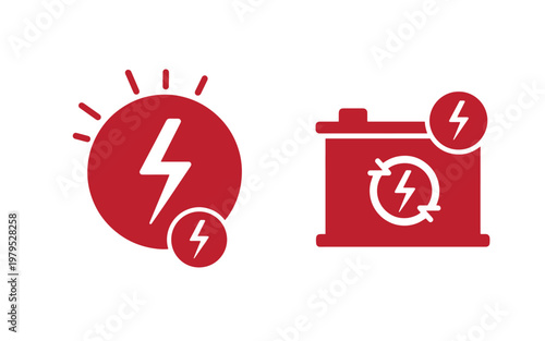 Red of lightning bolt on a circle and car battery with lightning bolt symbol electricity shock