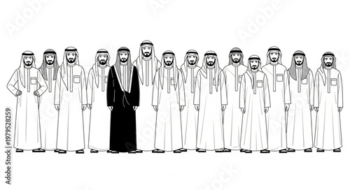 Group of men in traditional Arab attire, one in black.