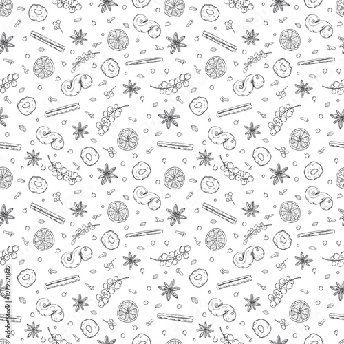 Christmas seamless pattern with hand drawn traditional pastries, citrus slices, berries, cinnamon sticks and star anise spices. Festive vector monochrome background for winter holiday design