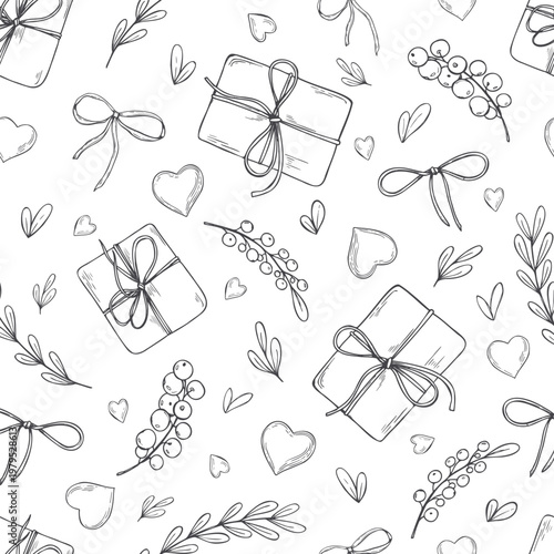 Christmas seamless pattern with hand drawn gift box, ribbon bow, berry branch and heart. Black and white festive background for wrapping paper or greeting card design. Winter holiday