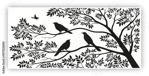Elegant Bird Silhouettes on Tree Branch – Minimalist Nature Art