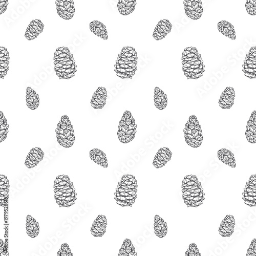 Hand drawn seamless pattern with pine cone. Coniferous tree element monochrome vector illustration painted by black inks. Christmas botanical background for holiday wrapping paper, textile design
