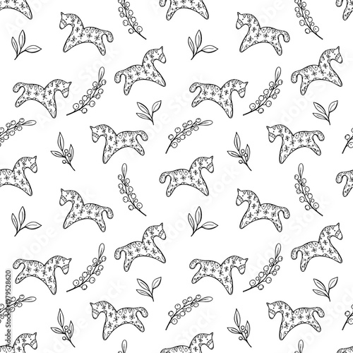 Christmas seamless isolated pattern with decorative horses and leaves. Black and white hand drawn festive wooden Dala background for wrapping paper. Minimalist holiday winter celebration design