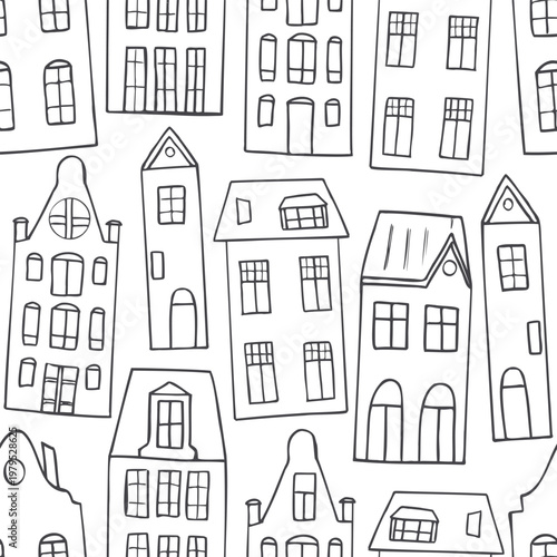 Hand drawn Dutch houses seamless pattern. Old street, city architecture in Amsterdam style sketch vector background. Minimalist doodle illustration of European town buildings for Christmas design
