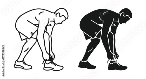Line Drawing of a Man Tying Shoelaces in Two Color Variants