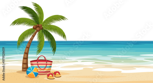 Beach Palm Tree Summer Vacation Scene.