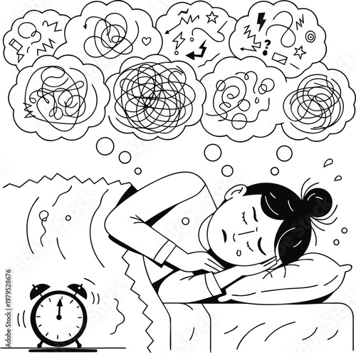 Overthinking and Insomnia Stress Anxiety Sleepless Night Concept Outline Vector Illustration