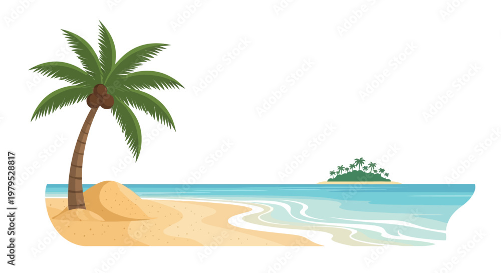 Obraz premium Palm tree on sandy beach shore.