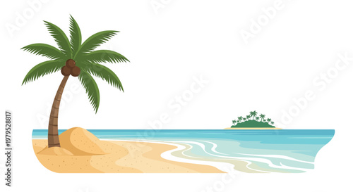Palm tree on sandy beach shore.