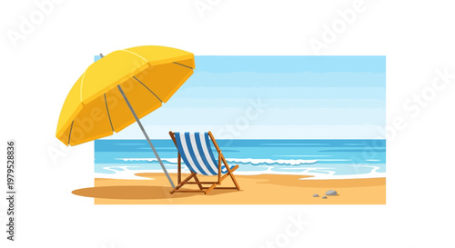 Beach chair under yellow umbrella.