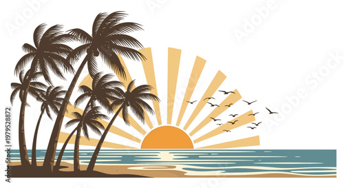 Palm trees on sandy beach landscape.