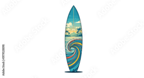 фотографія Surfboard with colorful wave design.