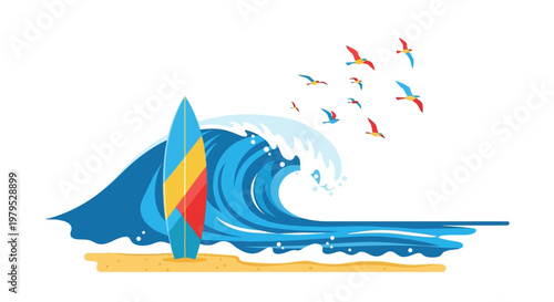 Surfboard standing on sandy beach shore.