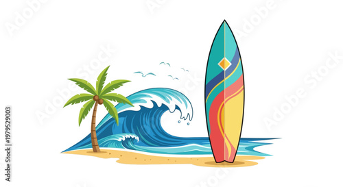 Foto Surfboard standing on sandy beach shore.