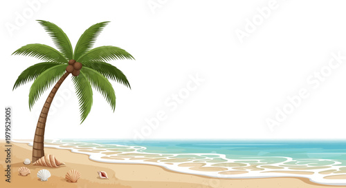 Palm tree on sandy beach shore.