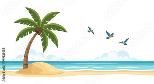 Palm tree on sandy island beach.