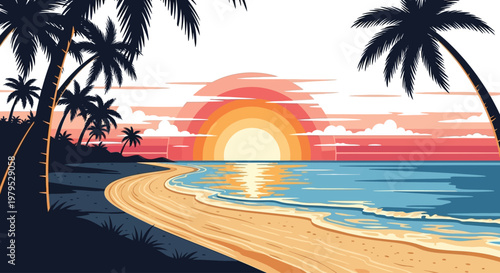 Palm trees on sandy beach shore.