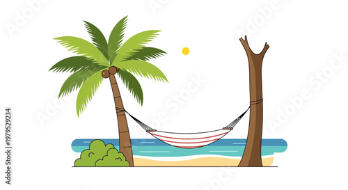 Hammock between two tree trunks beach.
