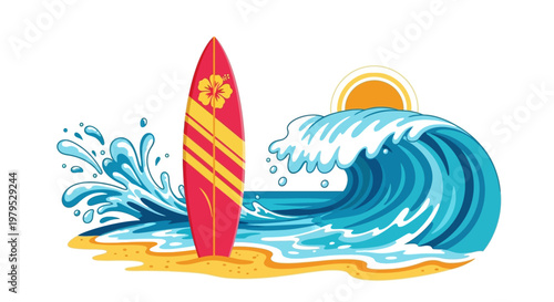 Red surfboard on sandy beach shore.