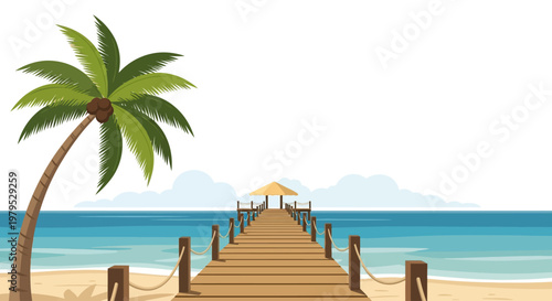 Palm tree on sandy beach shore.