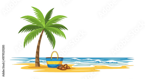 Beach bag under a palm tree.