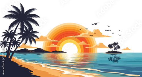 Palm trees on sandy beach shore.