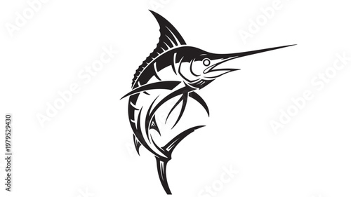 Marlin fish logo with sharp monochrome line art and curved spear-like fins, suitable for fishing and sports branding