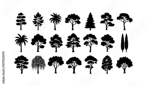 Tree silhouette bundle vector set with diverse forest and garden tree shapes isolated on white background