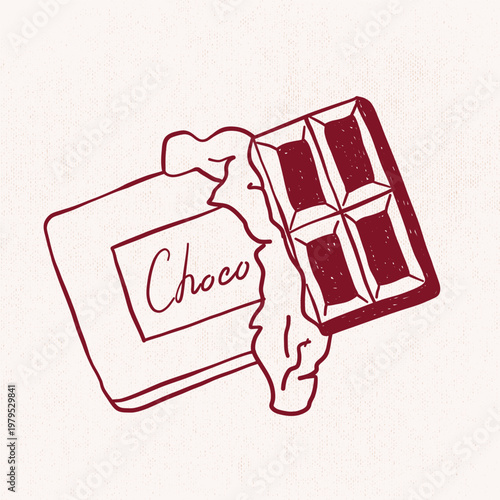 Hand drawn doodle chocolate bar with wrapper. Sweet food vector illustration in sketch style with textured details isolated for packaging, cafe menus, branding, prints, stickers Dessert themed design